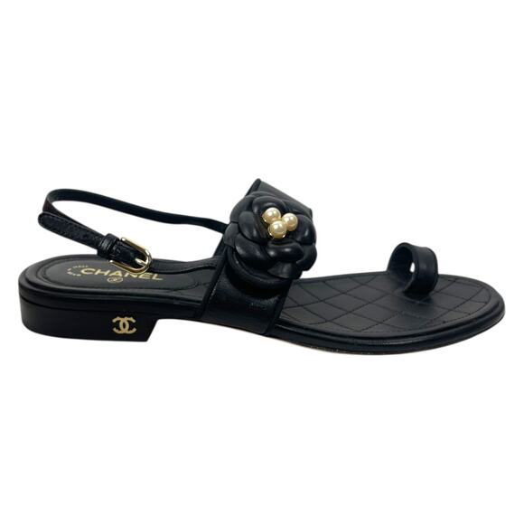 Chanel Camellia Pearl Logo Toe Ring Slingback Flat Sandal Black Size 37.5 - Picture 2 of 13